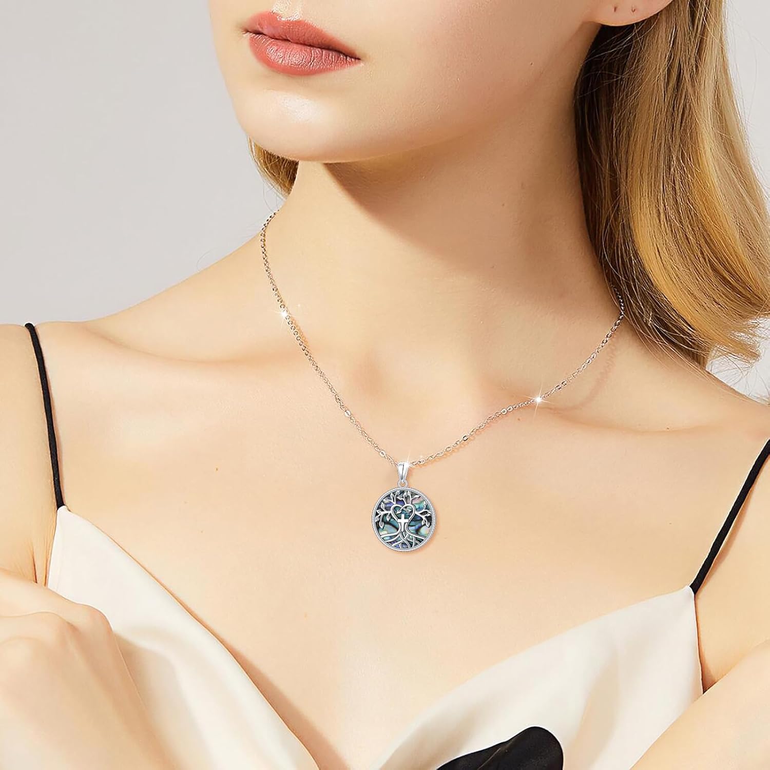 Tree of Life Necklace 925 Sterling Silver Abalone Shell Cross/Triple Moon Goddess Pendant Religious Jewelry for Women Men Mom Wife Daughter Sister Friend for Valentine Birthday Christmas Jewelry - Image 3