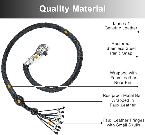 Miniatura 2 de Dream Apparel Látigo de cuero genuino para manillar, látigo de motocicleta con flecos y calaveras, de 36 pulgadas, color negro