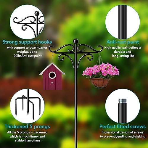 Miniatura 2 de Keten Ganchos de pastor para exteriores, postes de comedero de pájaros dobles de 75 pulgadas con 5 puntas, ganchos ajustables para colgar plantas al
