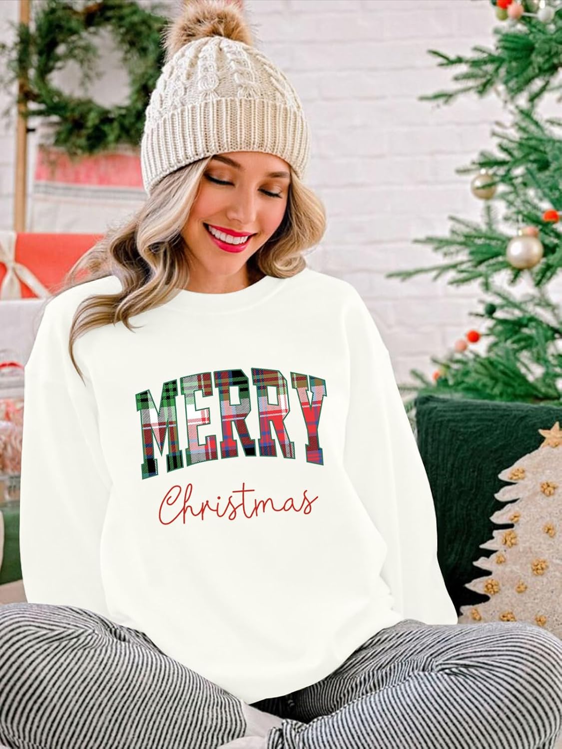 Christmas Sweatshirt for Women 2025 Classic Merry Plaid Letter Print Long Sleeve Shirts Xmas Holiday Party Pullover Tops - Image 3