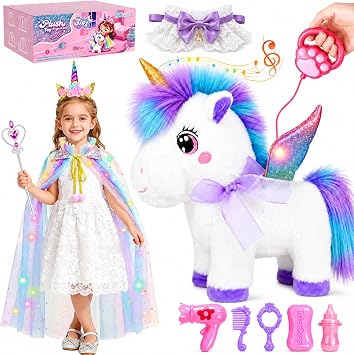 Unicorn Toys for Girls Age 4-6, Walking Talking Singing Unicorn | Interactive Plush Unicorn with Light up Princess Cape, Remote Control Unicorn Pet Care Toy, Unicorn Gift for Girl Age 3 4 5 6