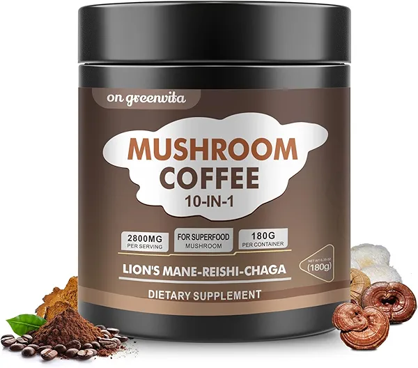 Mushroom Coffee - Lions Mane Mushroom Powder Instant Coffee with Lion's Mane, Reishi, Chaga, Cordyceps, and Turkey Tail - Alternative for Energy, Mental Clarity & Focus, Brain Booster 6.35oz