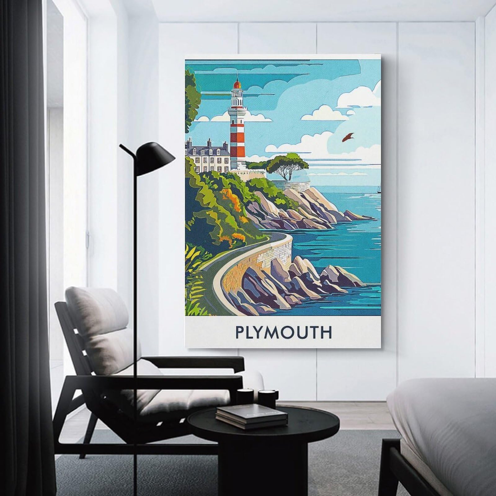 Junmoney Plymouth Lighthouse Home Decor Wall Art 24x36inch(60x90cm), for Restful Interiors, Bedrooms Or Small Rooms, Decorative Wall Art for Cosy Rooms