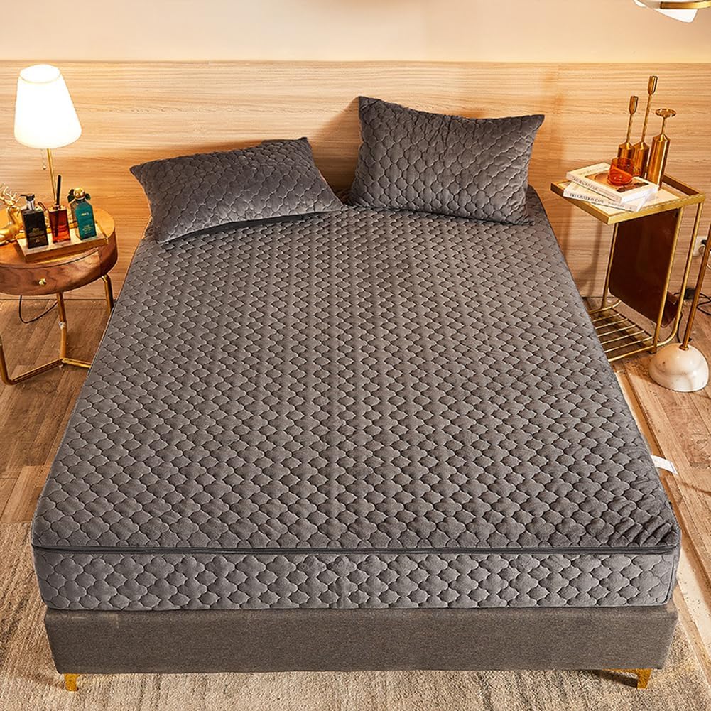 Mattress Topper Cover with Zipper,Velvet Mattress Protector Full Size Top Removable Cooling Mattress Encasement,Winter Warm,Breathable,10'' Deep (Gray,59x79inch)