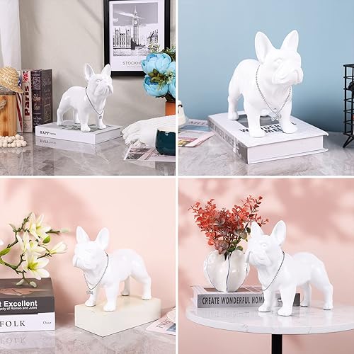 Miniatura 6 de Estatua de bulldog francés de pie de 9 a 12 pulgadas, escultura de animal de resina para perro con collar de plata, collar para sala de estar, mesa