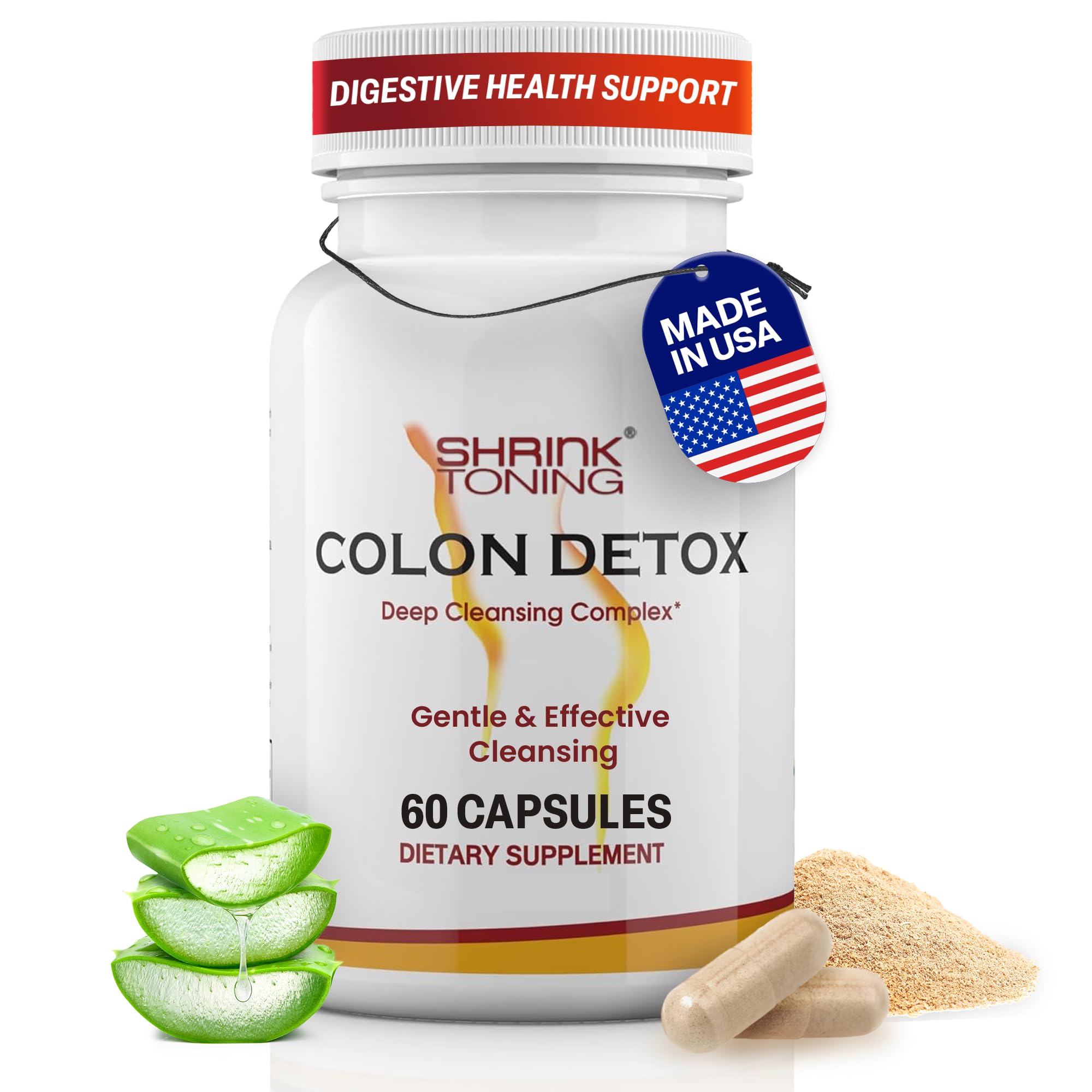 Shrink Toning Colon Detox – Advanced Colon Cleanse for Women & Men with Psyllium Husk, Aloe Vera, Bentonite & Probiotics – Digestive Health – 60 Caps