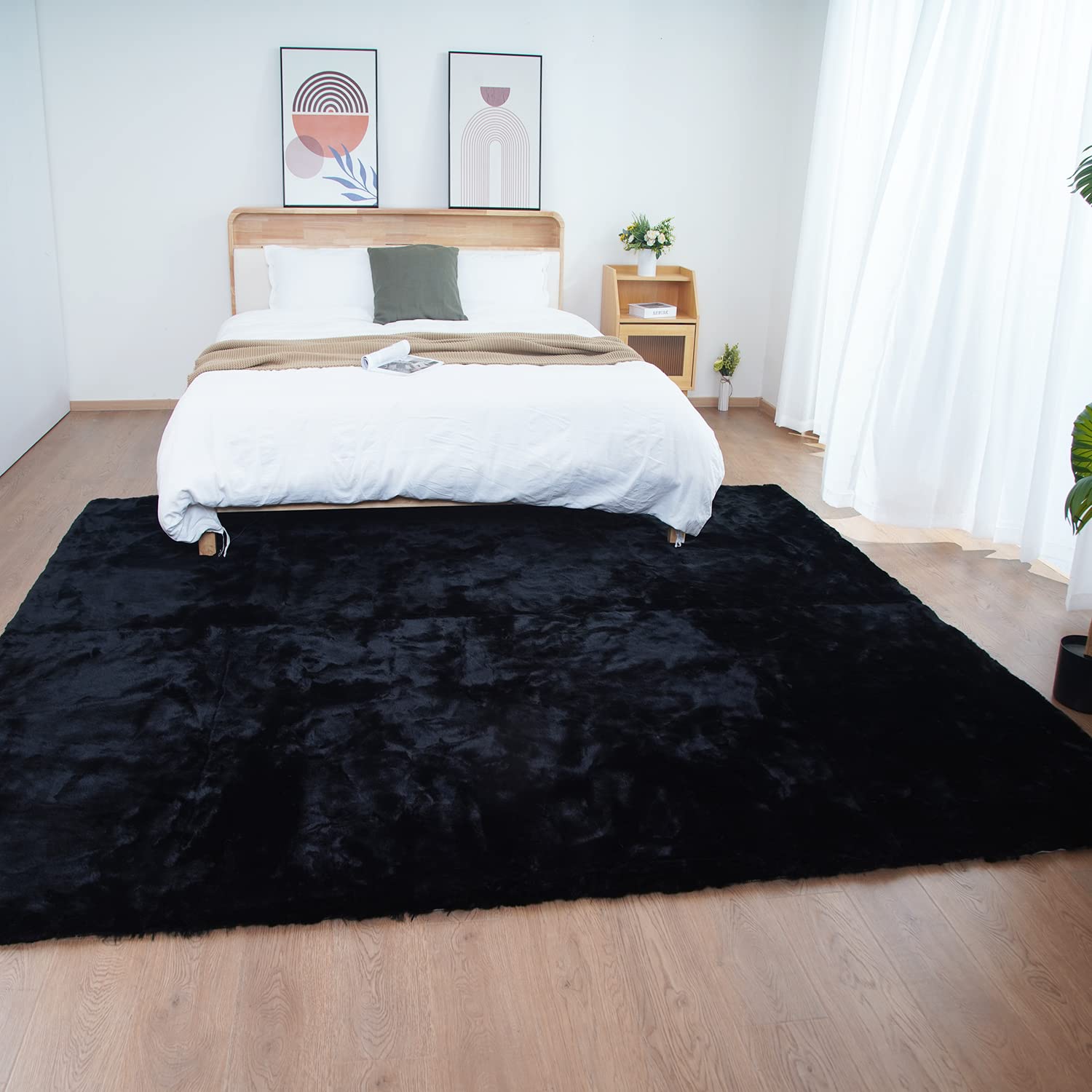 Ghouse Faux Tappetto di Pelle di Pecora Tappeto a Pelo Corto Lavabile Fluffy Uni Effetto Pelliccia Antiscivolo Facile da Pulire, Dimensione:180 x 270 cm, Colore: Nero