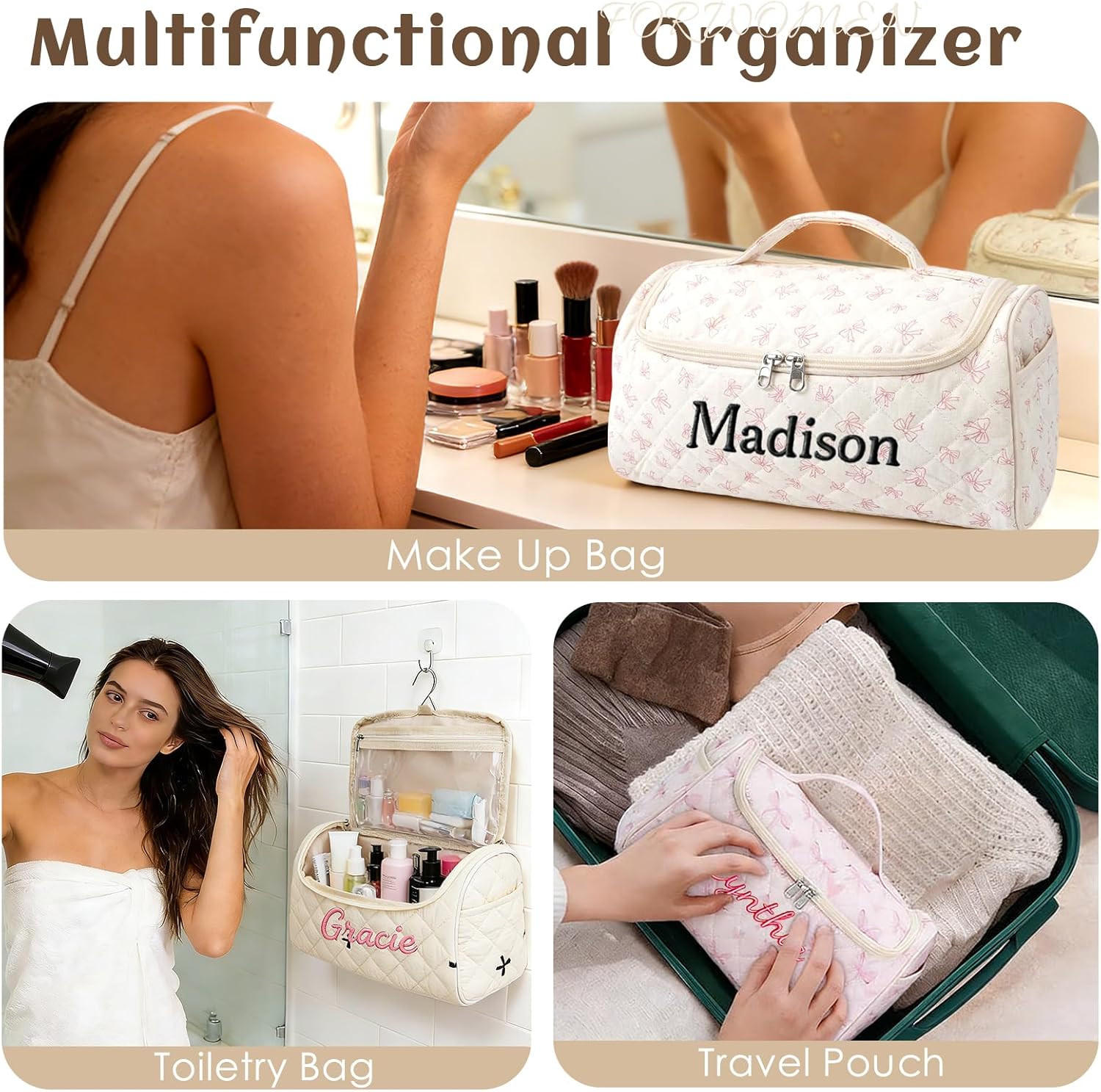 Ulico Personalized Hair Tools Travel Case Bag with Embroiderd Name, Custom Portable Storage Bag with Hanging Hook for Hair Curler Accessories, Cute Dustproof Travel Organizer