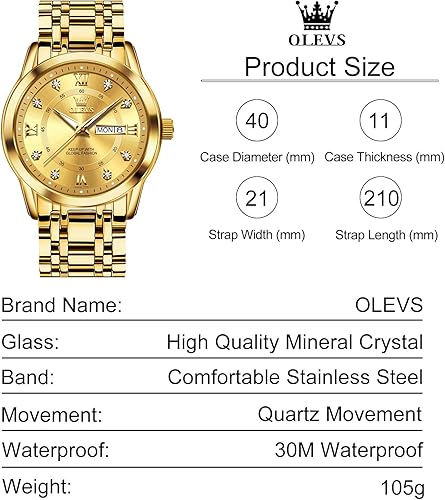 Miniatura 6 de OLEVS Relojes clásicos de acero inoxidable, reloj de cuarzo de cara grande para hombre, fácil de leer, resistente al agua, con día y fecha, esfera