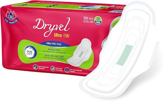 Dryvel Ultra-XXL Sanitary Pads | 320mm Extra Long | 3X Heavy Flow Protection | Odour Control | Wide Wings | Soft &amp; Breatha...