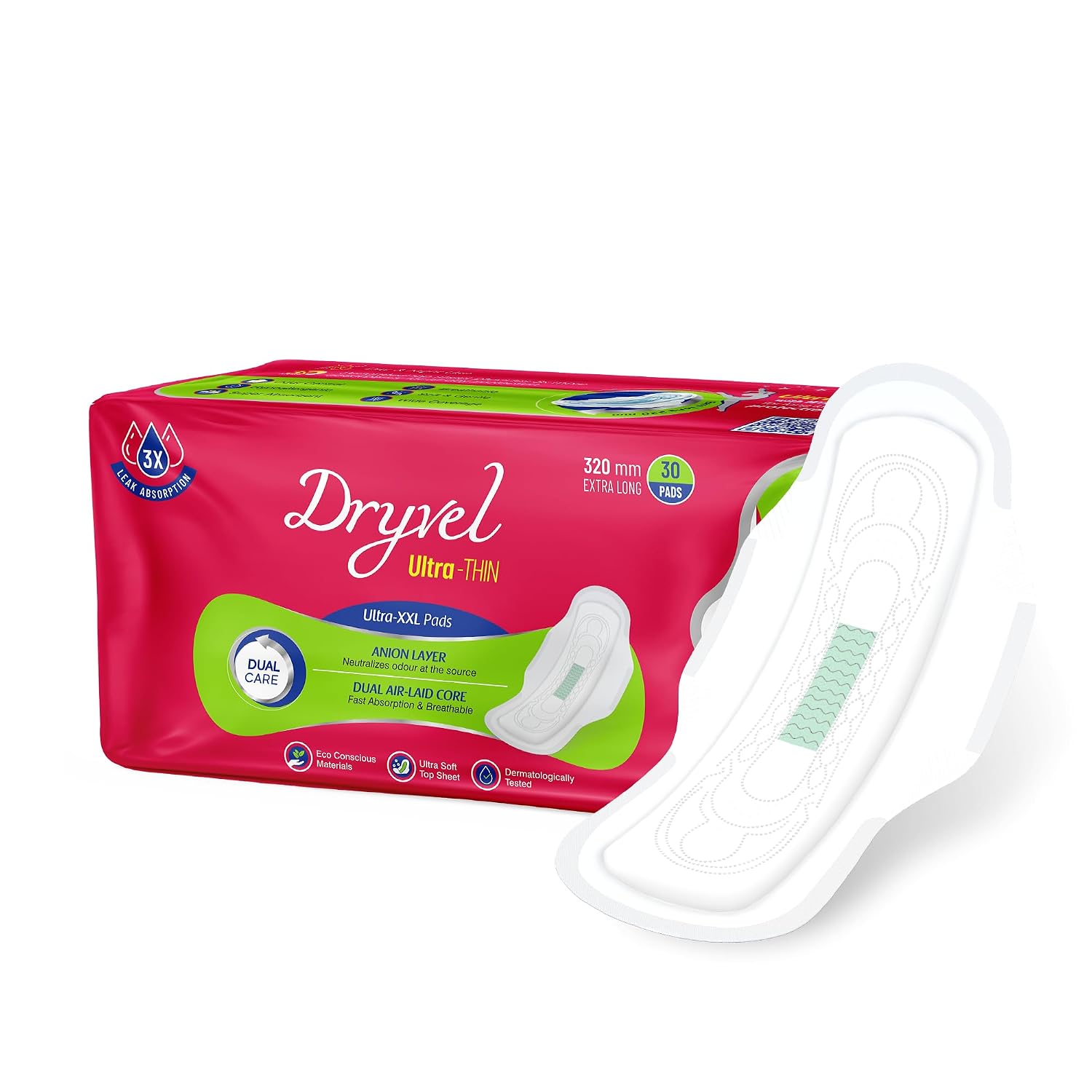 Dryvel Ultra-XXL Sanitary Pads | 320mm Extra Long | 3X Heavy Flow Protection | Odour Control | Wide Wings | Soft & Breatha...