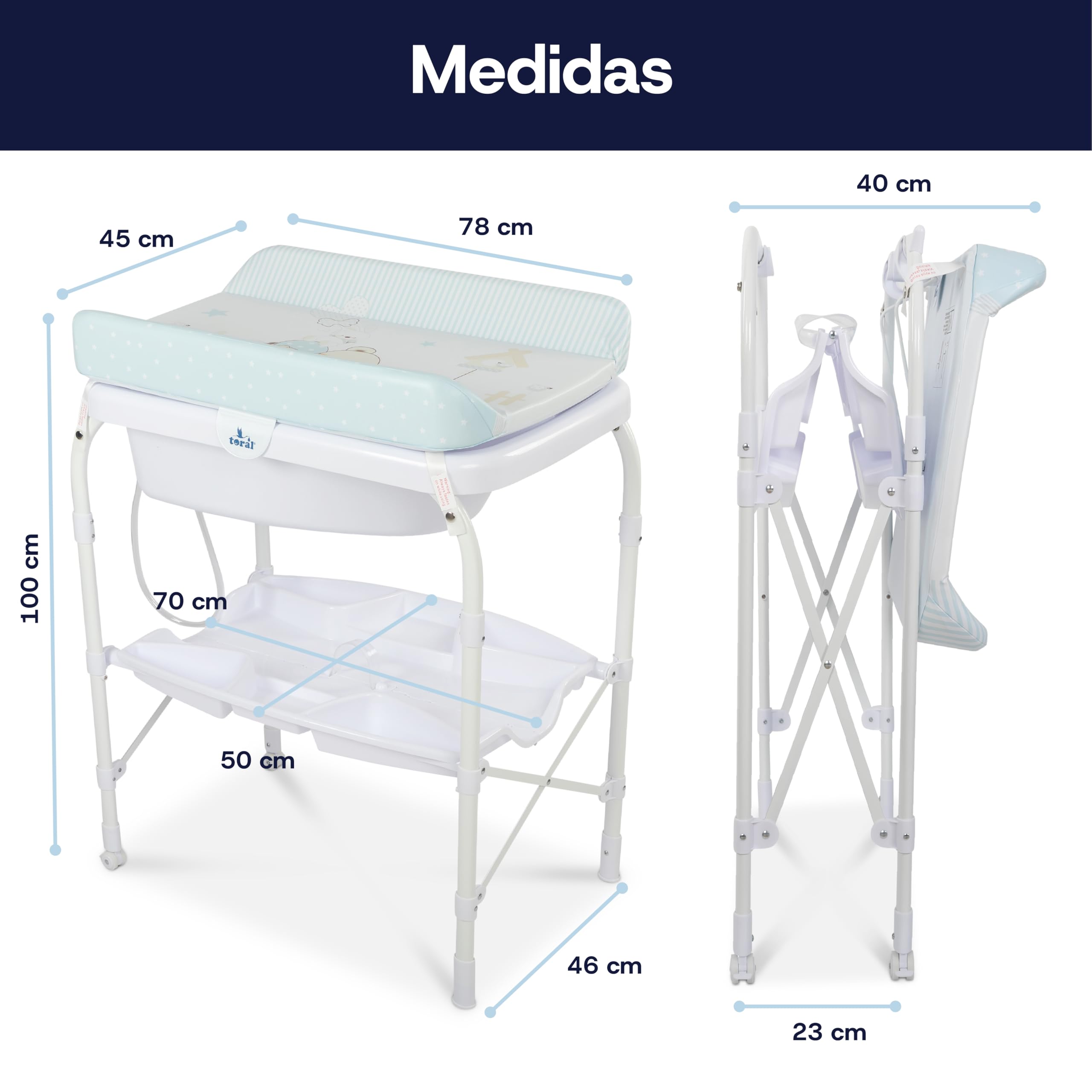 Toral Bañera Cambiador Bebe Mueble con Patas - Bañera Bebe Con Bandeja Separadora y Ruedas con Freno - Cambiador con Medidor de Altura - Modelo Azul
