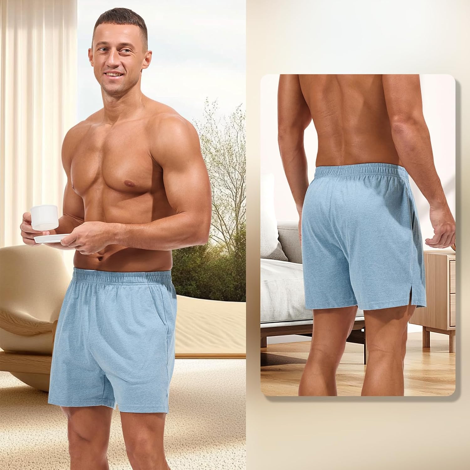 AMY COULEE Mens Lounge Shorts 4 inch Pajama Lightweight Cotton Sleep Bottoms with Pockets - Image 2