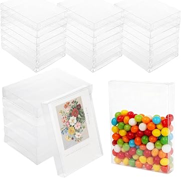 WOPPLXY 70 Pcs Clear Favor Boxes, 7.3 x 5.3 x 2 Inch Clear Gift Boxes, Rectangle PVC Transparent Gift Box for Packaging Dessert, Candy, Wedding, Halloween, Christmas, Valentines Gift