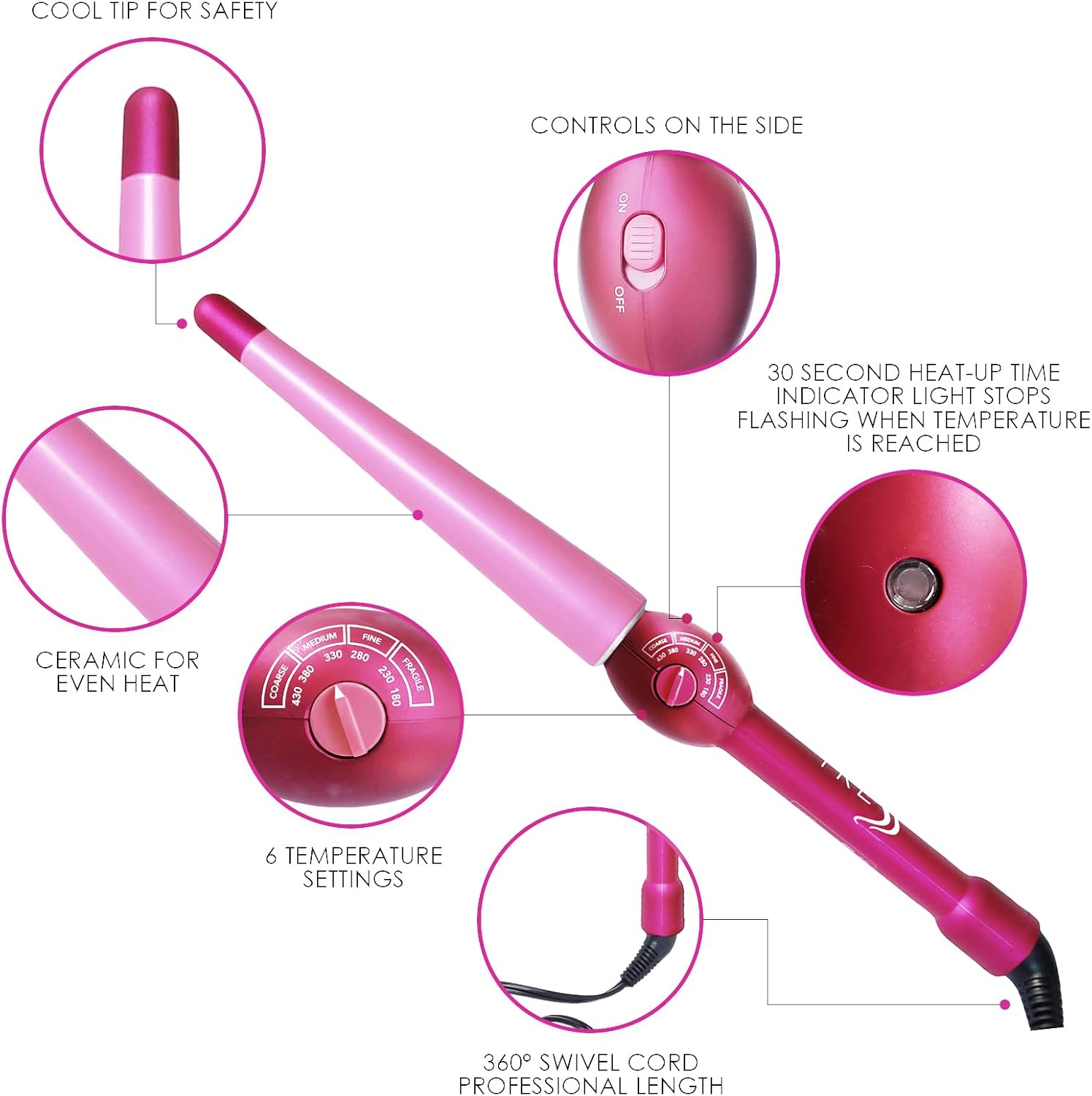 Mr Big Tapered Curling Wand – Long Barrel with Ceramic Coating for Long Hair – Conical Shape, 6 Heat Settings, Dual Voltage, Auto Off – Unique Taper from 2/3” to 1.25” Diameter