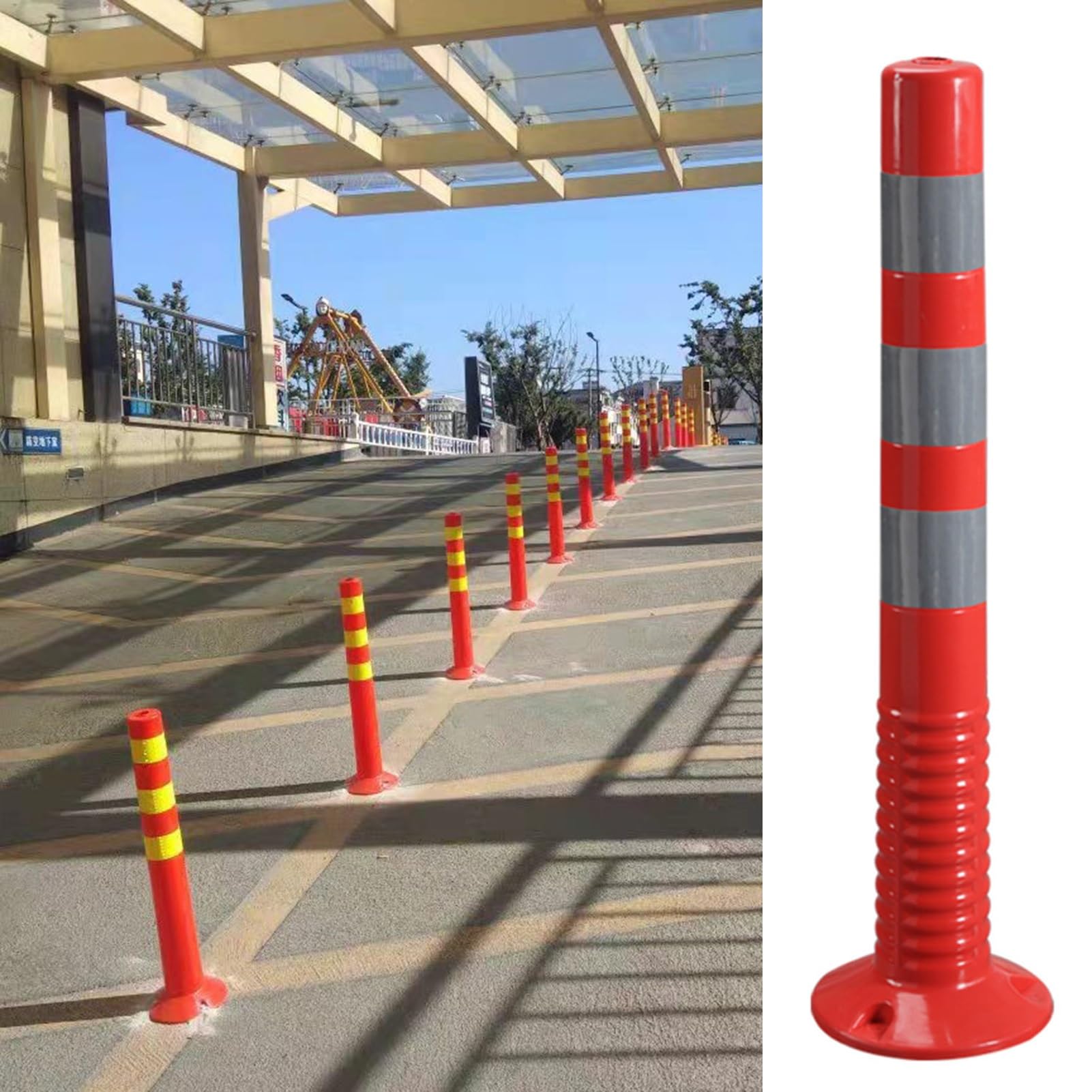 GHHVFEC Flexible Plastic Parking Bollards Traffic Ber Posts for Driveways/Garages 4pcs Red & Silver with Anchor Bolts - Parking Blockers