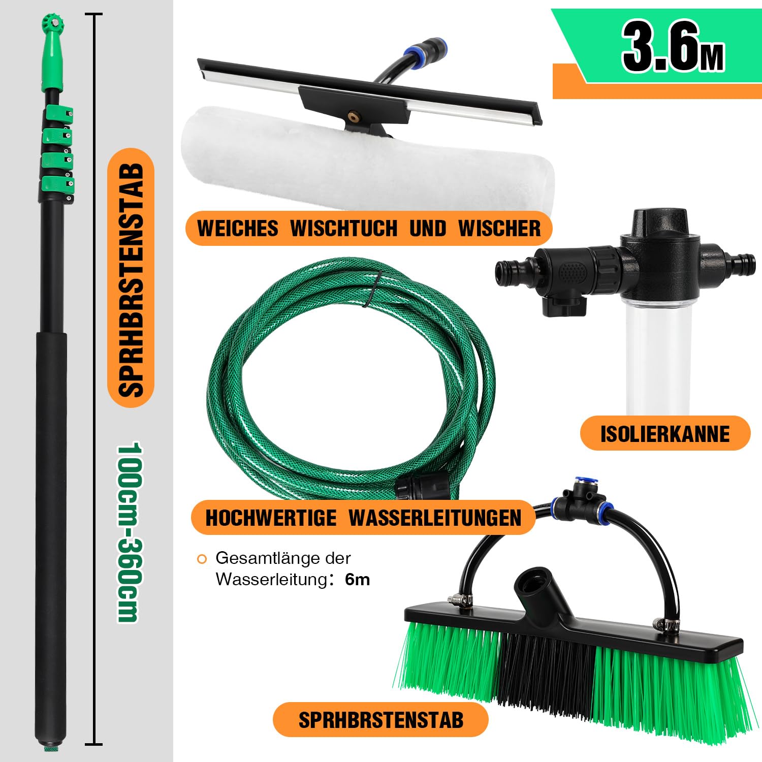Teleskop Waschbürste 3,6m – Waschbürste mit Teleskopstiel, Terrassendach Reiniger Teleskop, Teleskopbürste mit Wasseranschluss, Wintergarten Reinigungsset für PV- und Fensteranlagen Reinigung