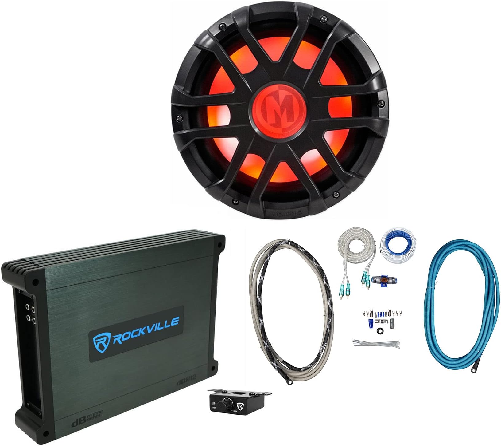 Memphis Audio MXA1244 12" 500w LED Marine Boat Subwoofer Bundle with Rockville DBM12 2000w Mono Amplifier w/Covers+Bass Remote & Rockville RMWK4 Amplifier Install Wire Kit (3 Items)