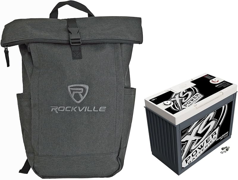 Paquete de ahorro de audio: SB1260-27 Paquete de banco de supercondensadores de 12 V, 10000 vatios, 1260 farad, con bolsa tipo mochila elegante y duradera de carbón Rockville RPAK con bolsillo acolchado para computadora portátil (2 artículos)