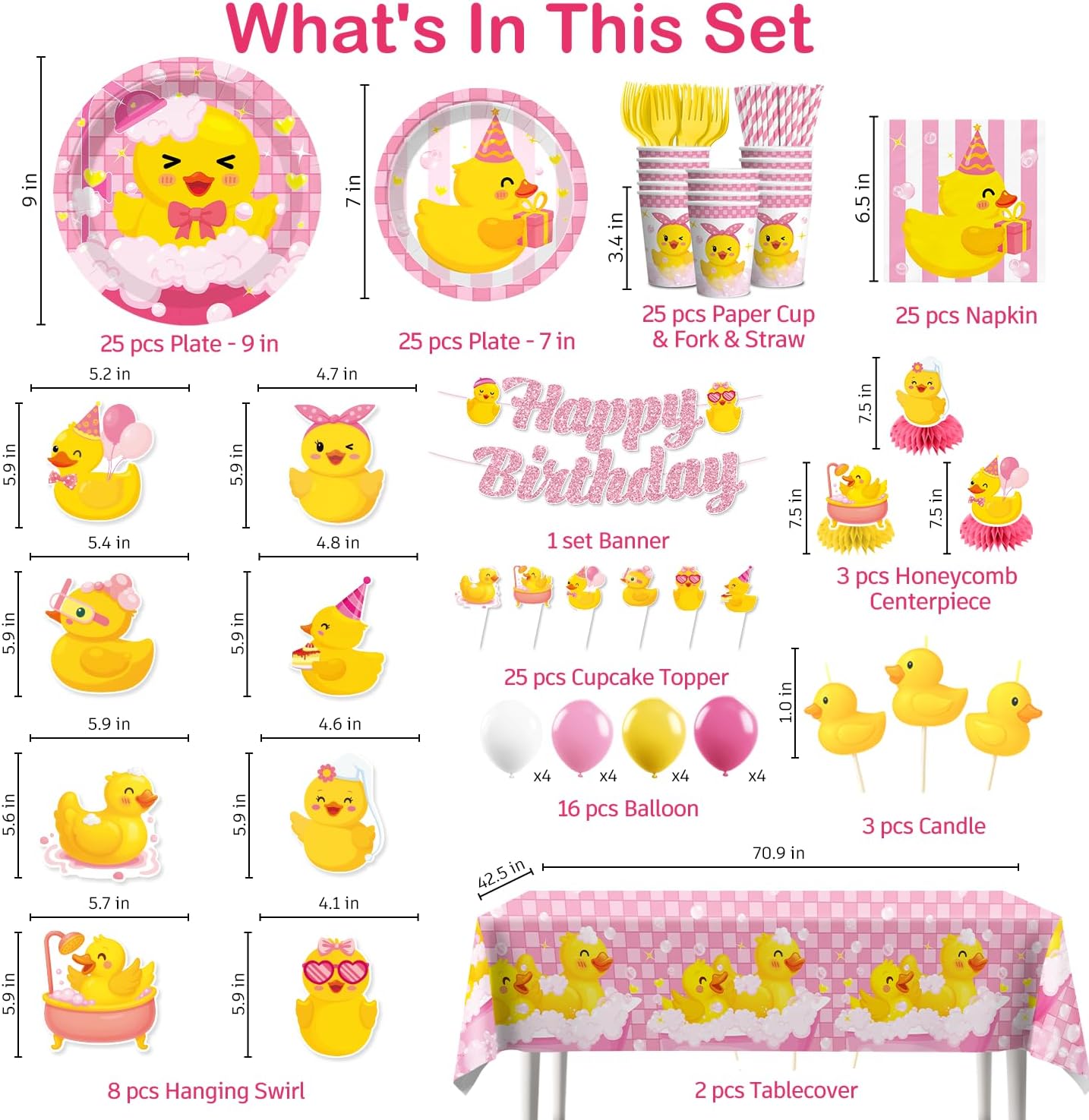 215PCS Pink Duck Birthday Decorations Tableware Set, 25 Serves Disposable Plates and Napkins Set, with Candles, Centerpieces, Banner, Tablecloth, forDuck Party Decorations