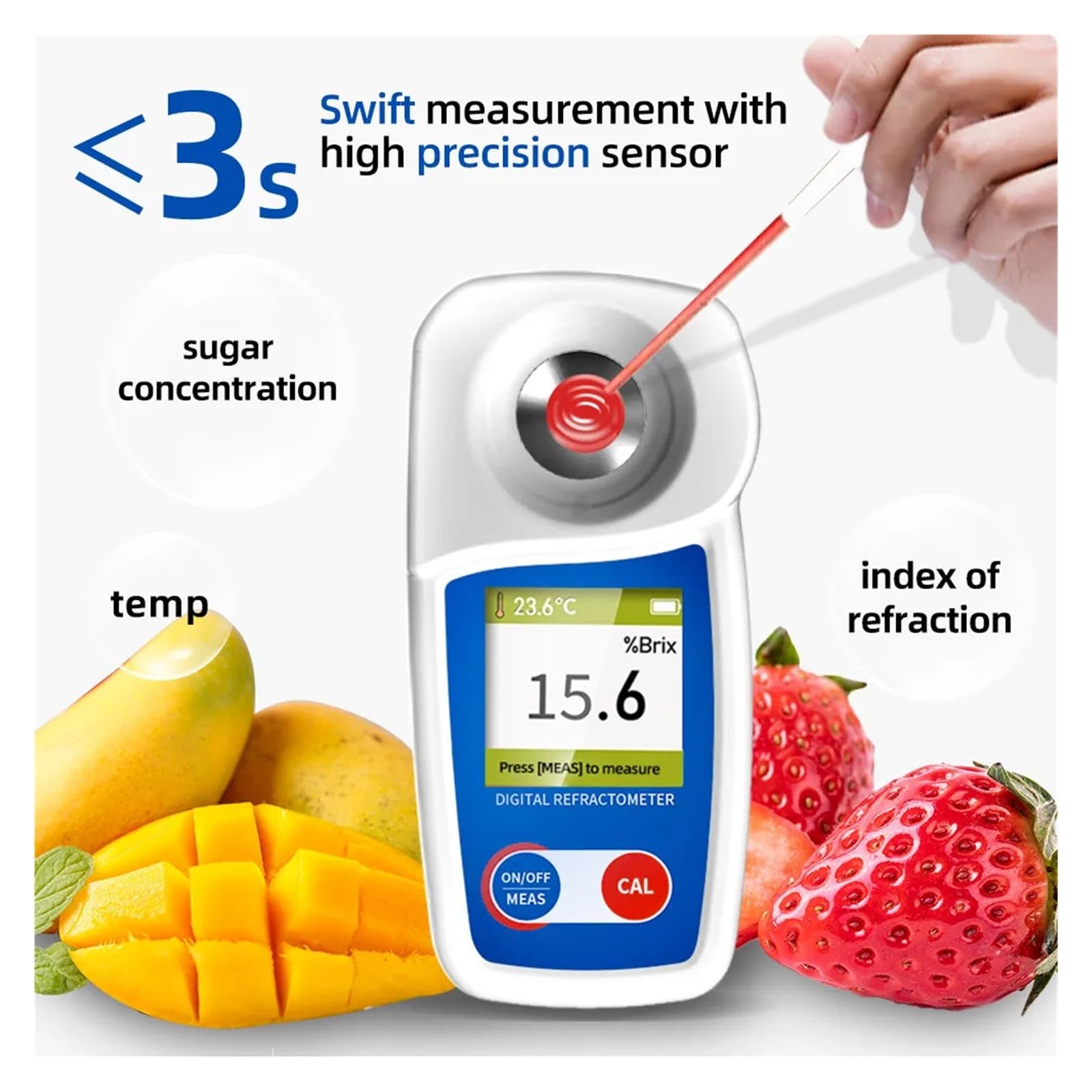 Probador Brix de rango 0-35%, refractómetro Digital Brix for prueba de contenido de azúcar for bebidas, zumo de frutas Respuesta Rápida(0-55 Brix)