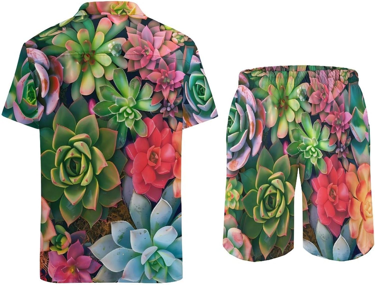Succulents Men's Summer Beach Outfits Shirt And Shorts Set 2 Piece Vacation Swimwear