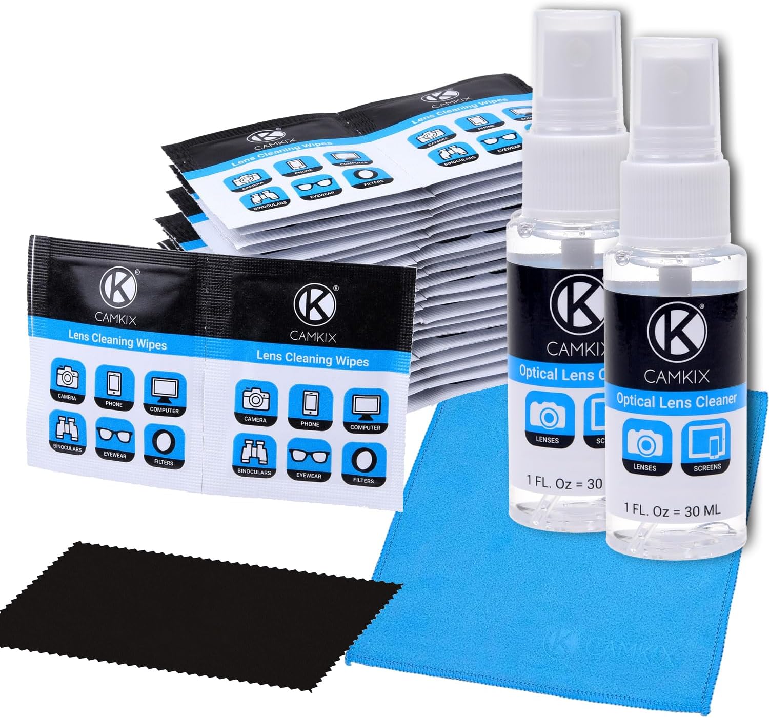 Lens and Screen Cleaning Kit - 2 Spray Bottles, 2 Microfiber Cloths (Size L + S), 50 Individually Wrapped Wet Tissues - For Eyeglasses, Sunglasses, Camera Lenses, Phone/Tablet Screens, etc.