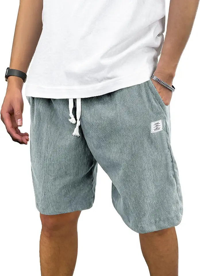 PLEPAN Mens Corduroy Shorts Casual Elastic Waist Drawstring Summer Beach Short