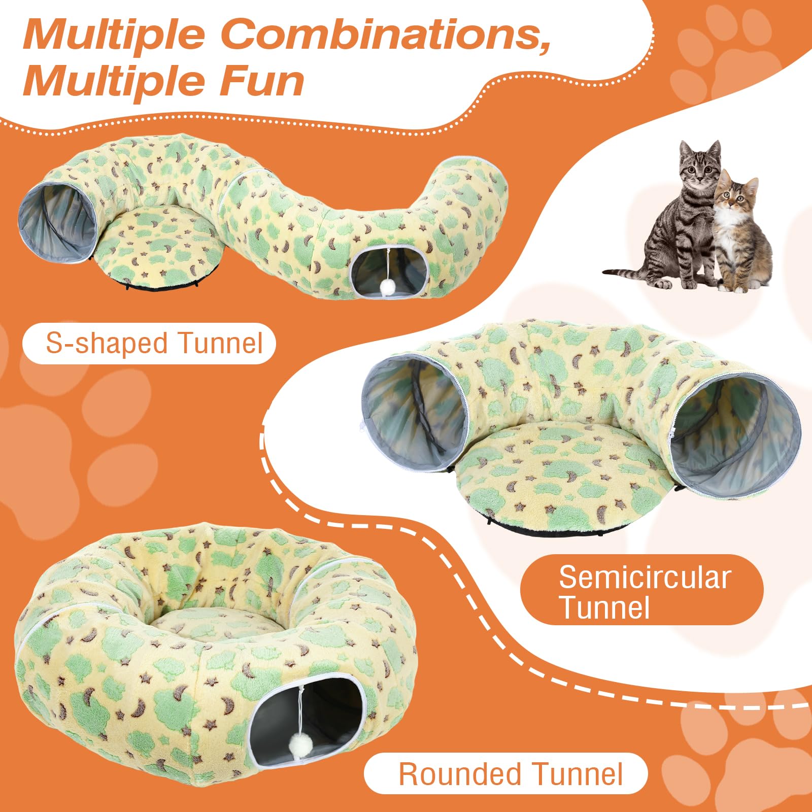 Tivray Tunnel per Gatti sotto L'albero di Natale, Letto-Tunnel in Peluche 90 cm con Palla Giocattolo e Cuscino Circolare, Grotta Interattiva Peekaboo, Regalo di Natale, Giallo & Nuvole