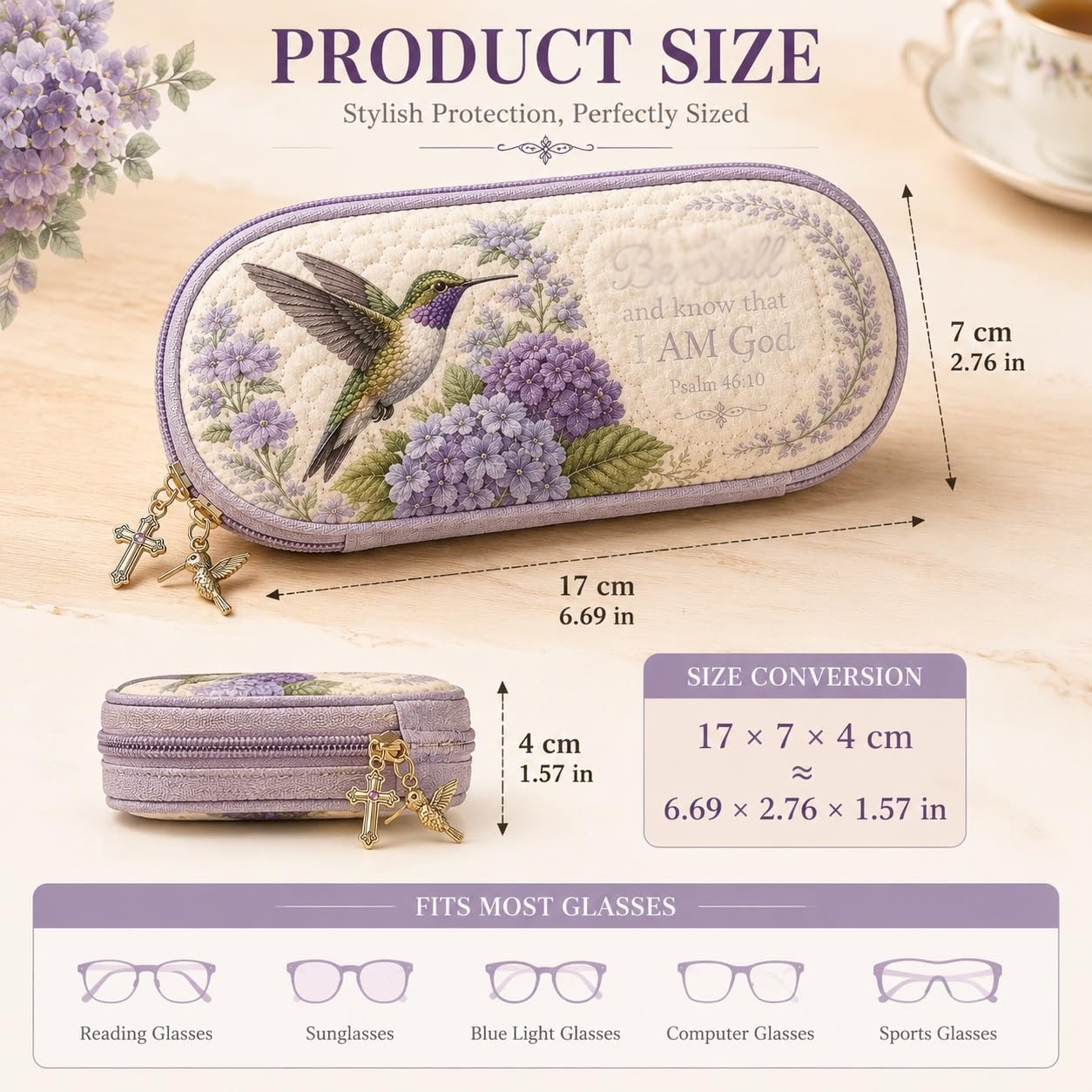 Generisch Gestepptes Brillenetui Mit Kolibri-Motiv, Lila Hortensien-Blumenmuster, Mit Reißverschluss Und Goldenen Anhängern, Leichter Brillenetui-Organizer For Damen Und Herren