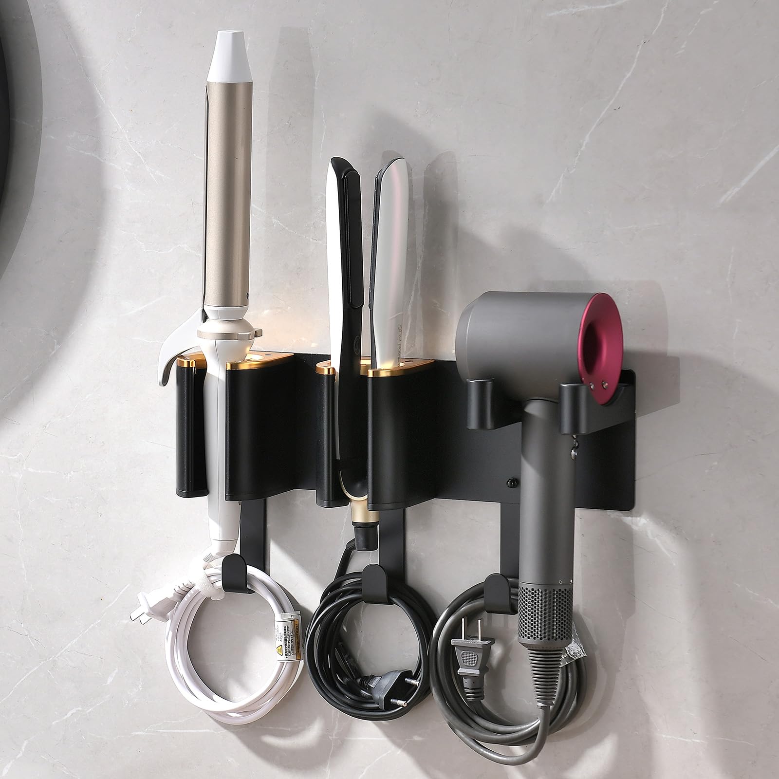 Soporte de pared para secador de pelo, organizador de herramientas de peinado, almacenamiento de maquillaje para tocador de baño, aleación de aluminio, color negro