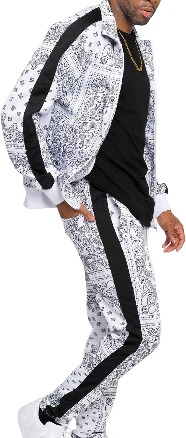 G-Style USA Men's Accented Bandana Paisley Tracksuit Set - Zipper Jacket and Sweatpants ST804 - White - 5X-Large - Image 4