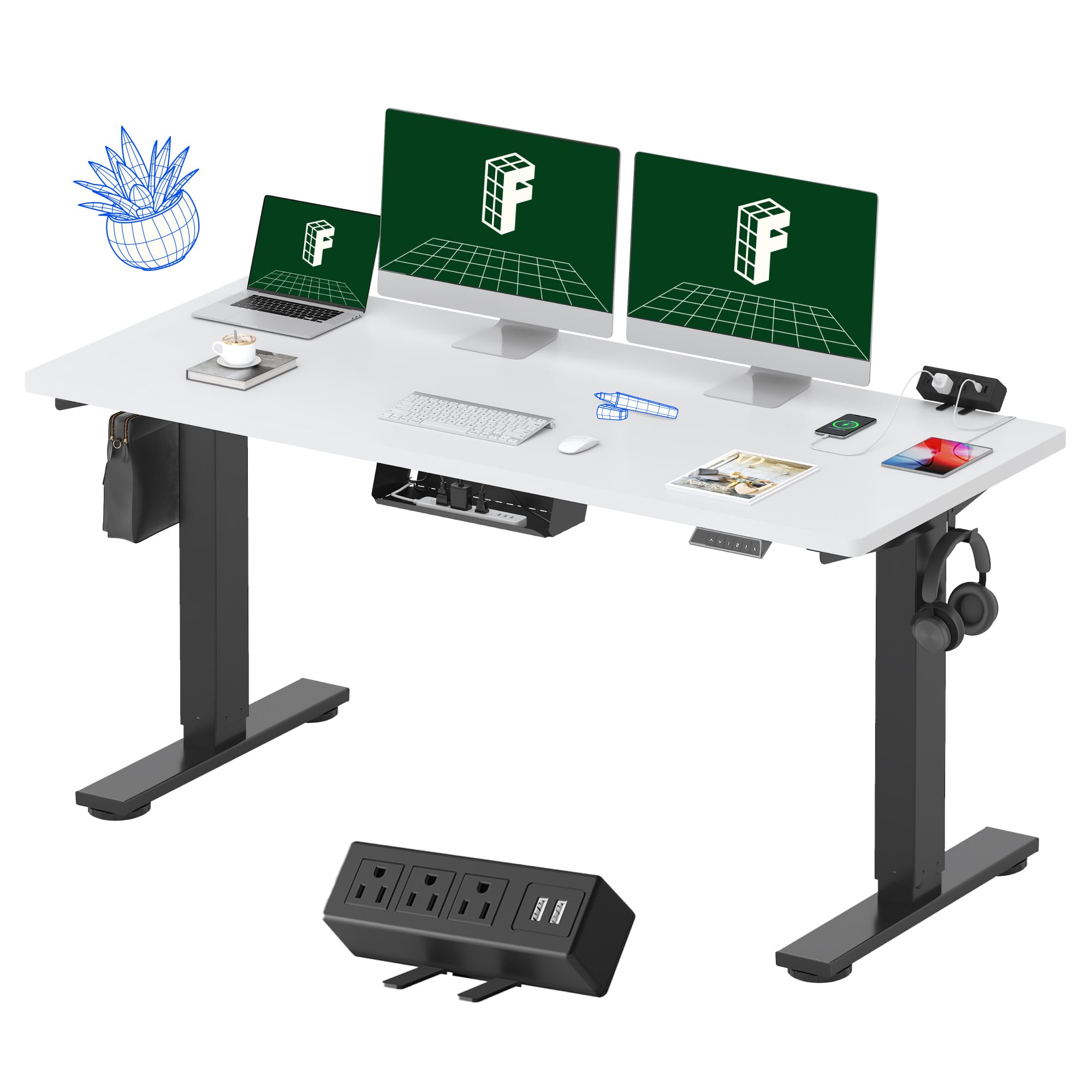 FLEXISPOT EN2 Whole-Piece Standing Desk with Clamp Power Strip, 60 x 24 Electric Stand Up Height Adjustable Desk with Cable Management (Black Frame +