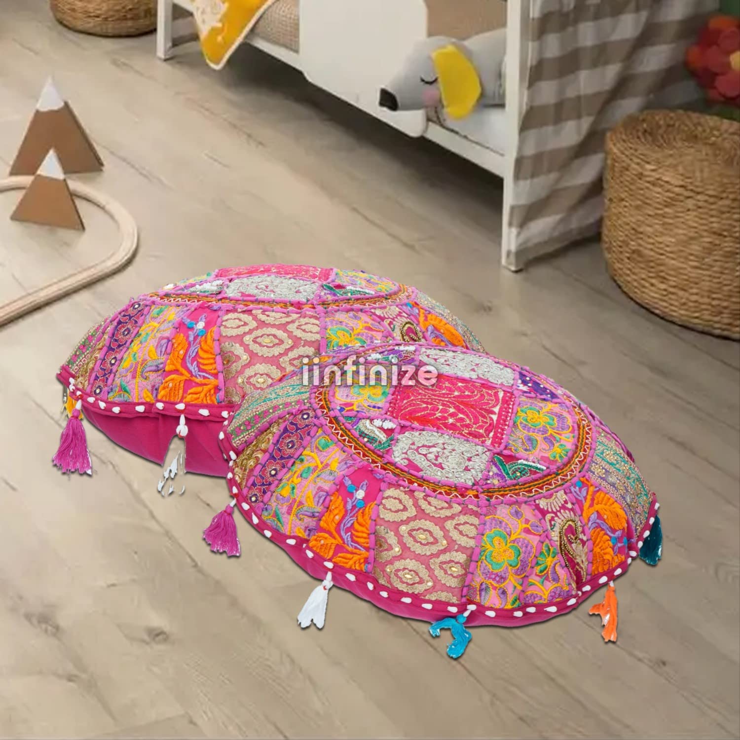 Housses de coussin rondes Khambadiya rose 55cm lot de 2 style ethnique