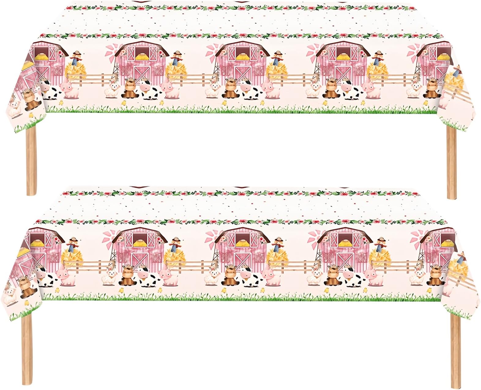2Pcs Farm Animal Party Decorations Table Cloth,Pink Farm Animals Party Tablecloth,137*274 Cute Animal Plastic Table Cover for Kids Girls Birthday Baby Shower Farm Animals Barnyard Theme Party Supplies