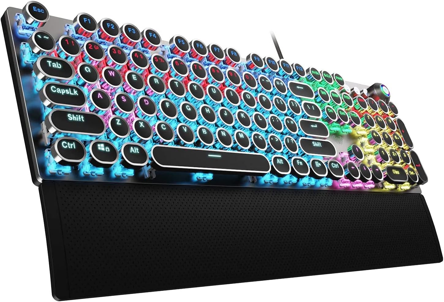 F2088 Typewriter Style Mechanical Gaming Keyboard Wired,Blue Switches,Rainbow LED Backlit,Removable Wrist Rest,Media Control Knob,Retro Punk Round Keycaps,USB Wired Computer Keyboard