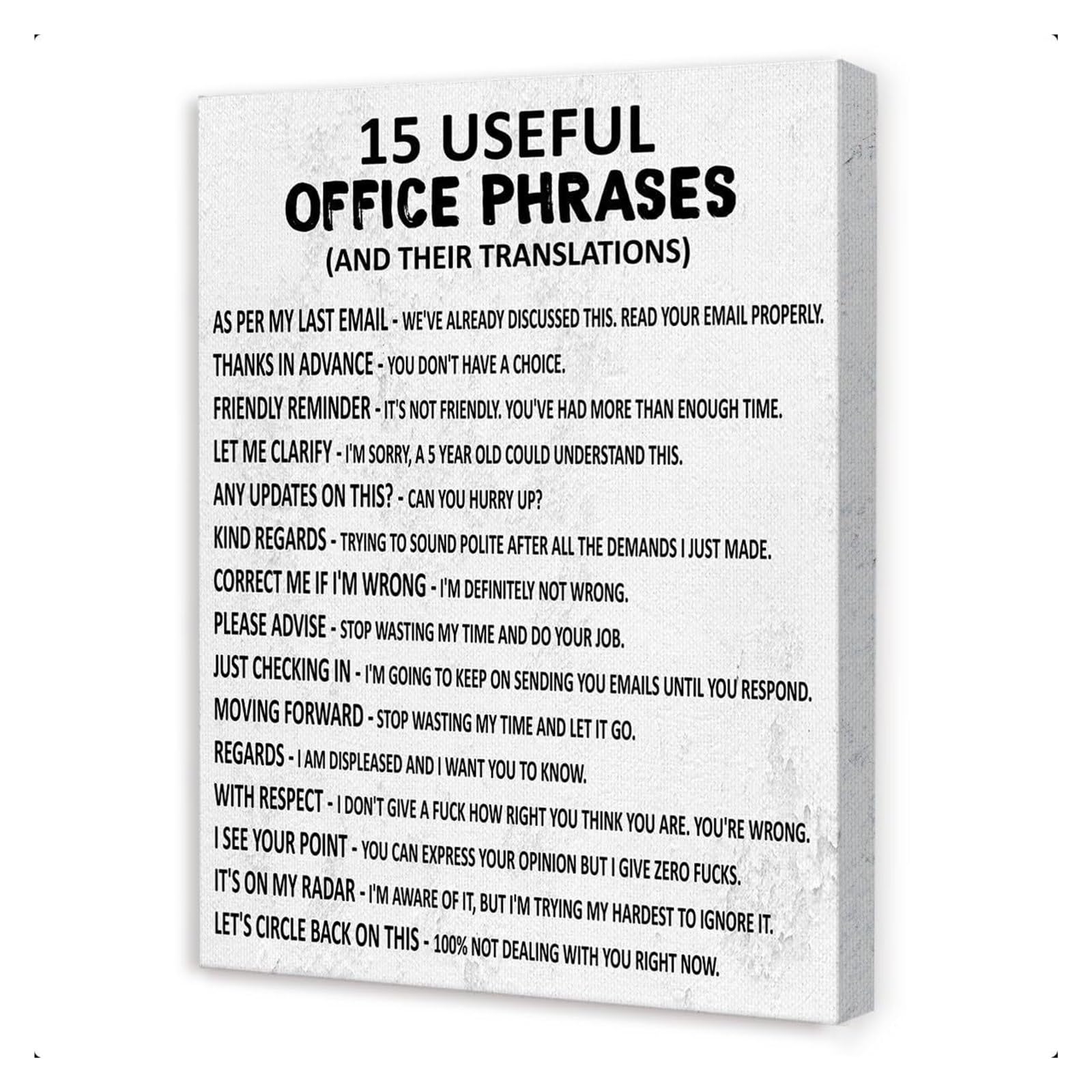 FOPURE Funny Office Wall-Art 15 Office Phrases Sarcastic Humorous Canvas for Workplace Coworker Gift(Unframed,12x18inch(30x45cm))