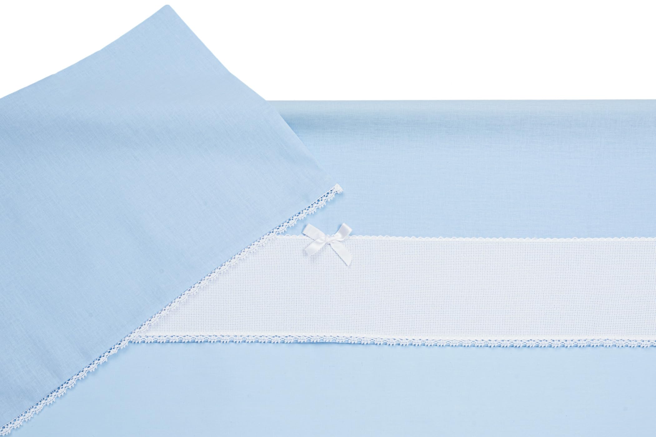 Filet - Bed Sheet Set for Pram 3 Pieces in Plain Blue Color, 1 Fitted Bottom Sheet, 1 Top Sheet with Embroidered Aida Band and 1 Pillowcase, Made in Italy, Light Blue