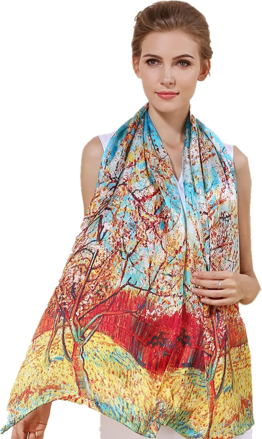 Women's 100% Charmeuse Mulberry Silk Long Scarf For Gift Hair Ladies Shawls Floral And Butterfly Scarves