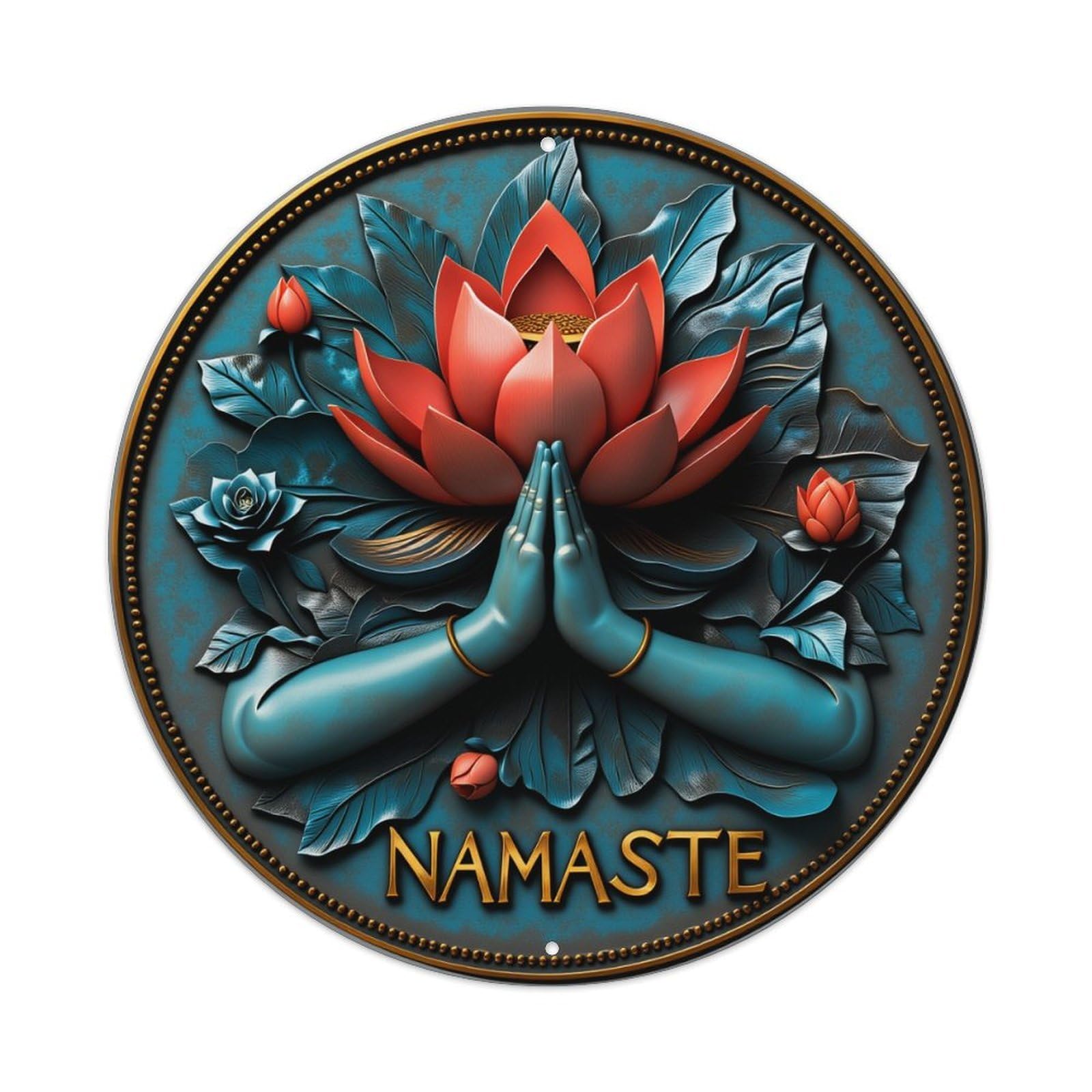 Lotus Flower Yoga Hands Namaste Blue Leaves Round Vintage Tin Sign,Retro Wall Art,Metal Poster for Home, Bar, Garage, Cafe, Rustic Indoor & Outdoor Decor, 8x8 Inches
