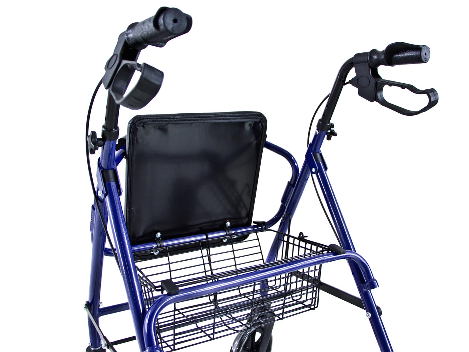 QUIRUMED Andador con asiento, Plegable, Aluminio, Color Azul, Con ruedas. Cesta portaobjetos, Frenos de maneta, Ligero, Para ancianos, Para personas mayores