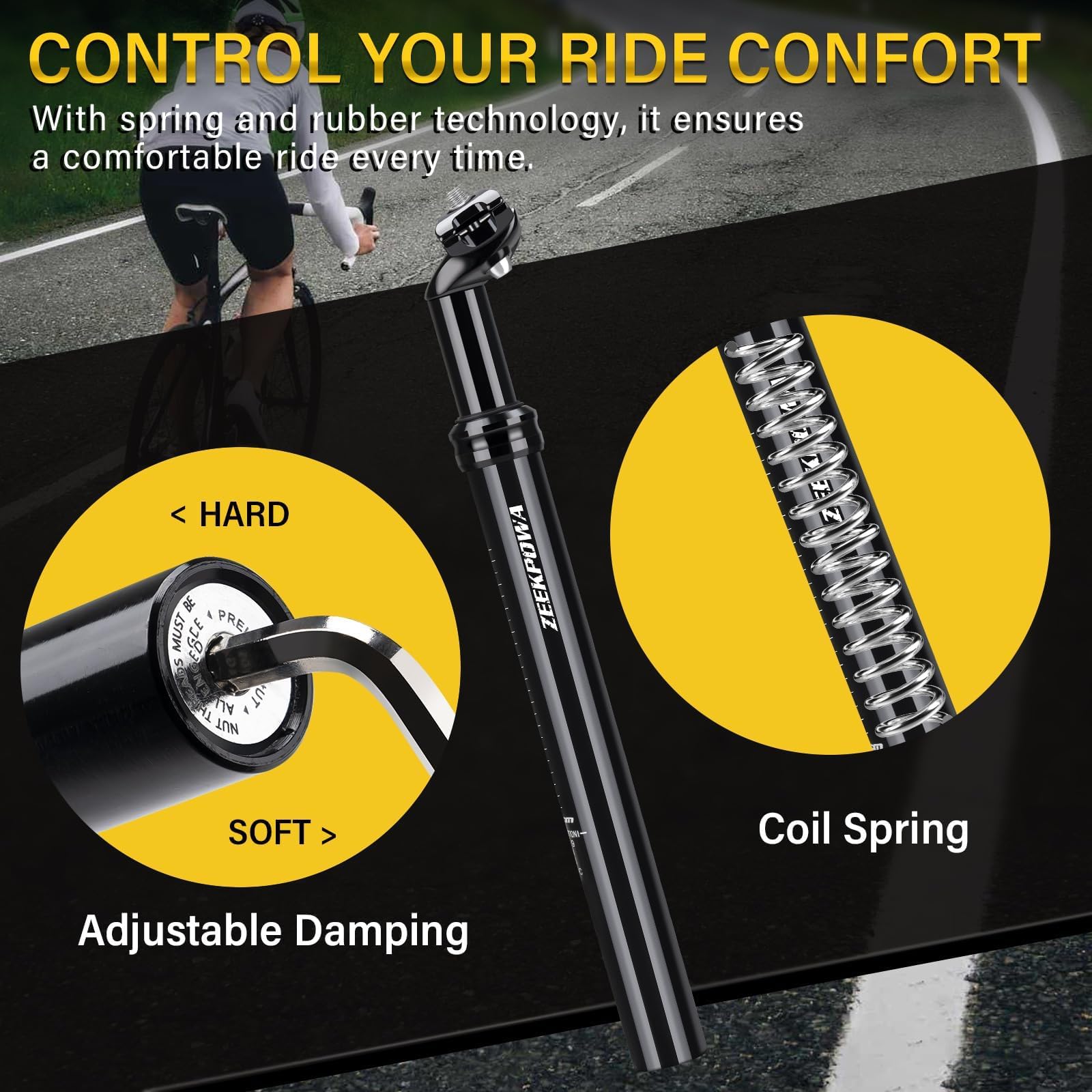 Tige de selle à ressort en aluminium de 350 mm de long - Tige de selle de vélo à ressort pour vélo électrique, VTT, descente, trekking