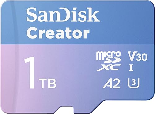 SanDisk Tarjeta microSD UHS-I Creator de 1 TB con adaptador SD, hasta 190 MBs, para cámaras y drones, 4K, 5.3K, A2, V30, U3, 3 meses de Adobe