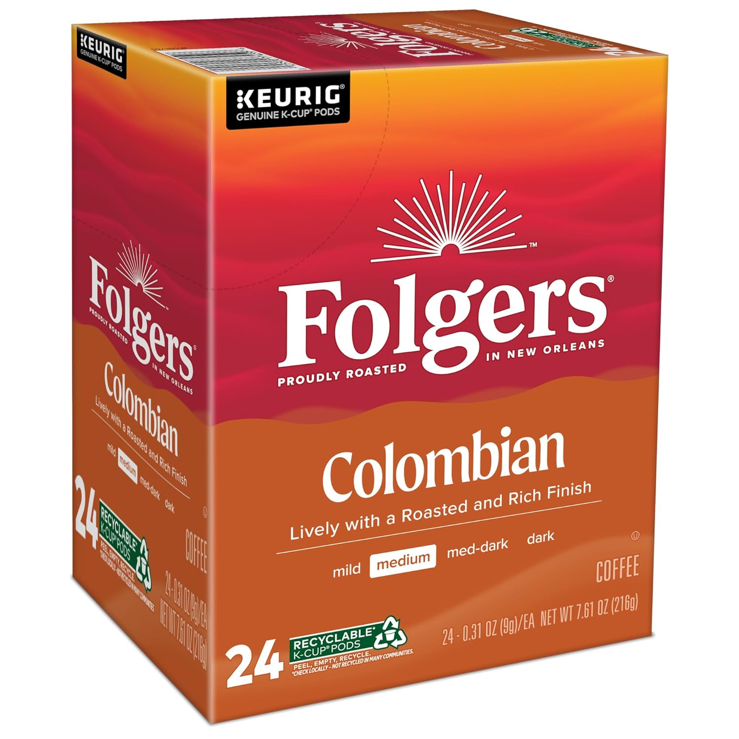 Folgers 100% Colombian Medium Roast Coffee, 96 Keurig K-Cup Pods