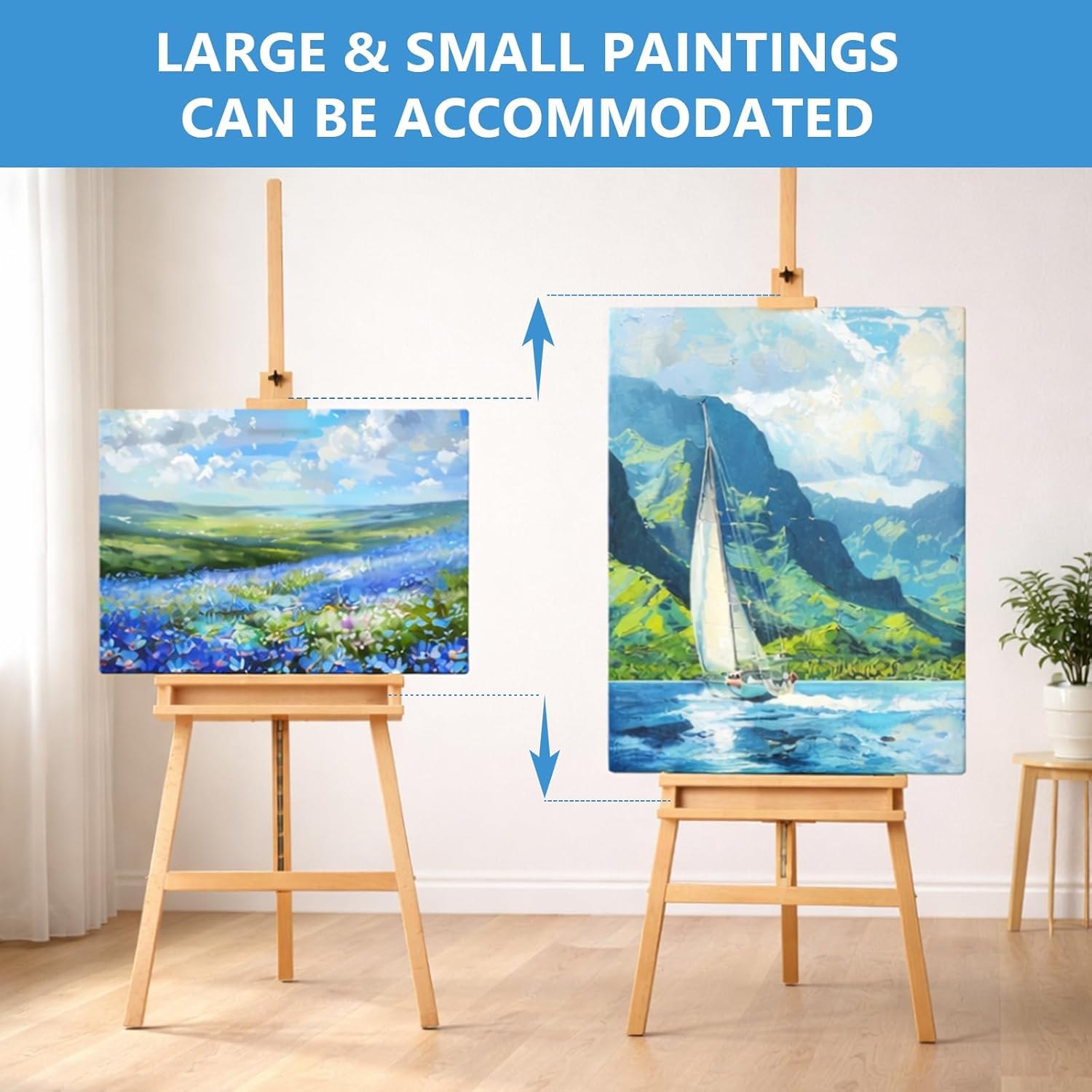 Falling in Art Large A-Frame Solid Beechwood Studio Easel, Adjustable Artist Easel with Storage Drawer, Studio Easel Stand Holds Canvas Up to 48 Inches, Natural