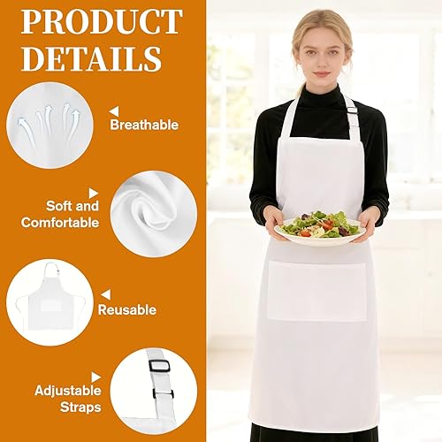 Miniatura 3 de Delantal de chef blanco para hombres y mujeres con bolsillos, delantal de cocina resistente al agua, delantal ajustable para Halloween, cocina,