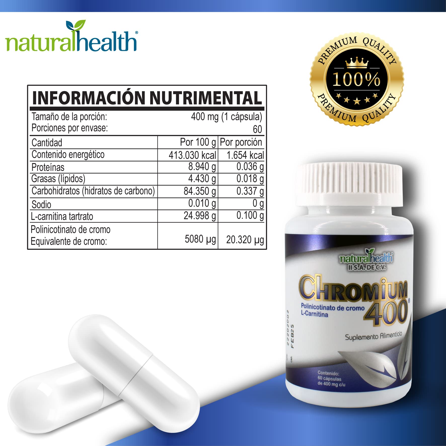 CHROMIUM 400, 2 frascoS con 120 cpsulas de 400 mg c/u. (2) :  Amazon.com.mx: Salud y Cuidado Personal