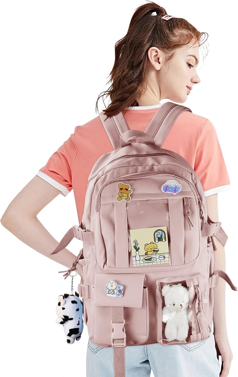 AoMoon Kawaii Backpack Lovely Pastel Rucksack for Teen Girls Aesthetic Student Bookbags with Kawaii Pin and Cute Accessories (Pink-C) One Size - Image 6