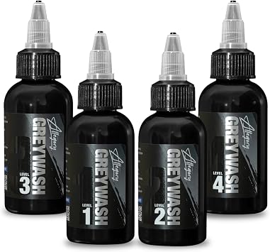 Allegory Greywash Tattoo Ink Set 4oz Premium Professional-Grade Signature Greywash Shades for Smooth, Vegen Friendly, Crafted in The USA, Consistent Tattooing Set of 4 Bottles