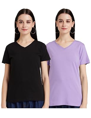 Amazon Brand - Symbol Women's Solid Regular Fit Half Sleeve T-Shirt (VN-PO2-COMBO16_Lavendar & Black_Large) (Combo Pack 